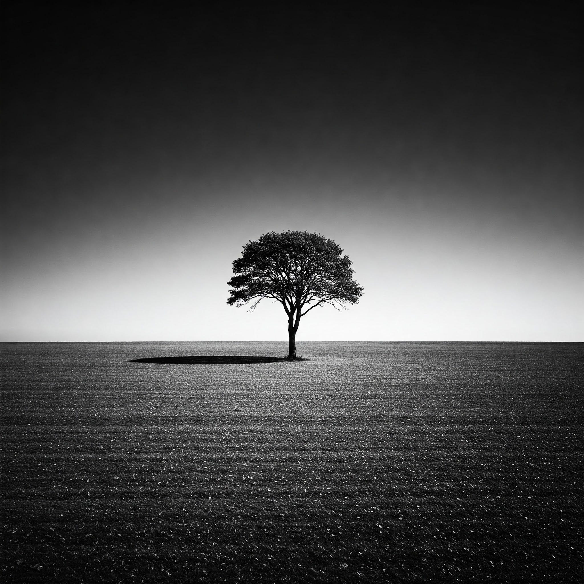Image generated with Gemini: “Please create an image that represents the experience of negative space”. We can see a single tree standing in an empty field, with a clear sky in the background.