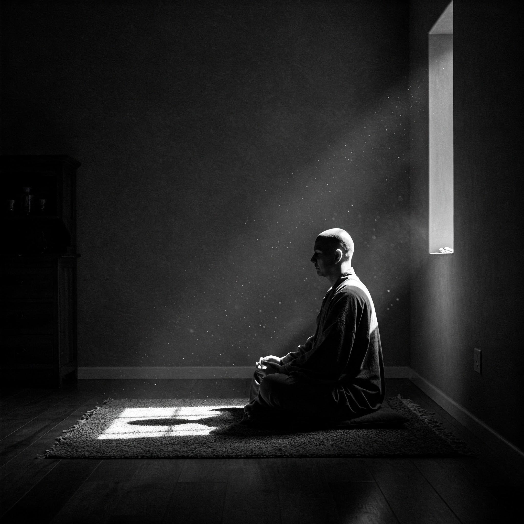 Image generated with Gemini: “Please create an image that represents the experience of silence” We see a man meditating, in black and white, with sunshine coming from the window.
